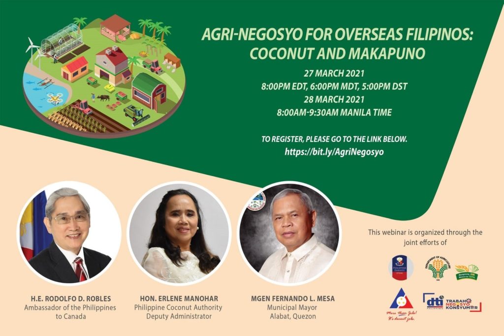 Official event poster of Agri-Negosyo for Overseas Filipinos featuring Ambassador Rodolfo Robles, Deputy Administrator Erlene Manohar of Philippine Coconut Authority, and Mayor Fernando Mesa of Alabat Quezon.