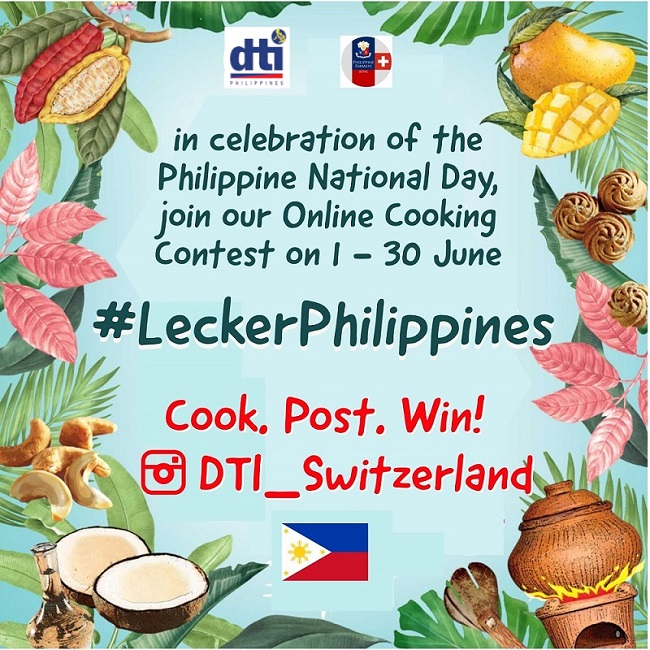 Event poster of #LeckerPhilippines online cooking contest featuring DTI Logo and Philippine Embassy logo
