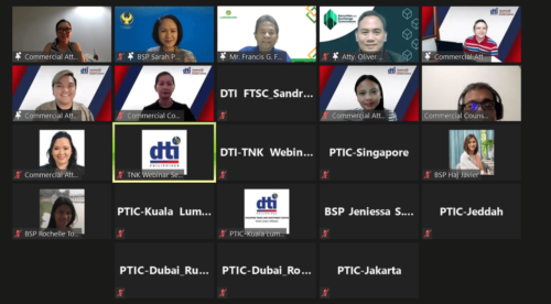 Event screenshot of speakers from Bangko Sentral ng Pilipinas, Securities and Exchange Commission, and Landbank, together with organizers from DTI ASEAN++ during the Trabaho Negosyo Kabuhayan webinar on savings and investments