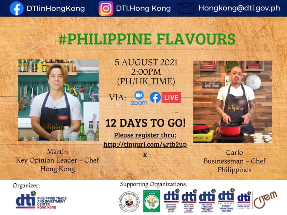 Official event poster of PHILIPPINE FLAVOURS featuring a local chef from the Philippines and a key opinion leader from Hong Kong discussing opportunities to collaborate in the F&B space