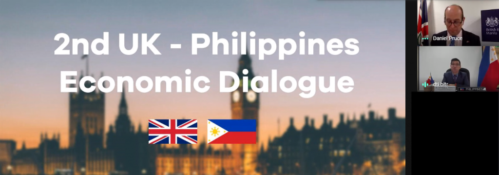 Opening slide of the presentation  of the UK-Philippines Economic Dialogue, featuring the flags of concerned parties over a background of a UK landmark