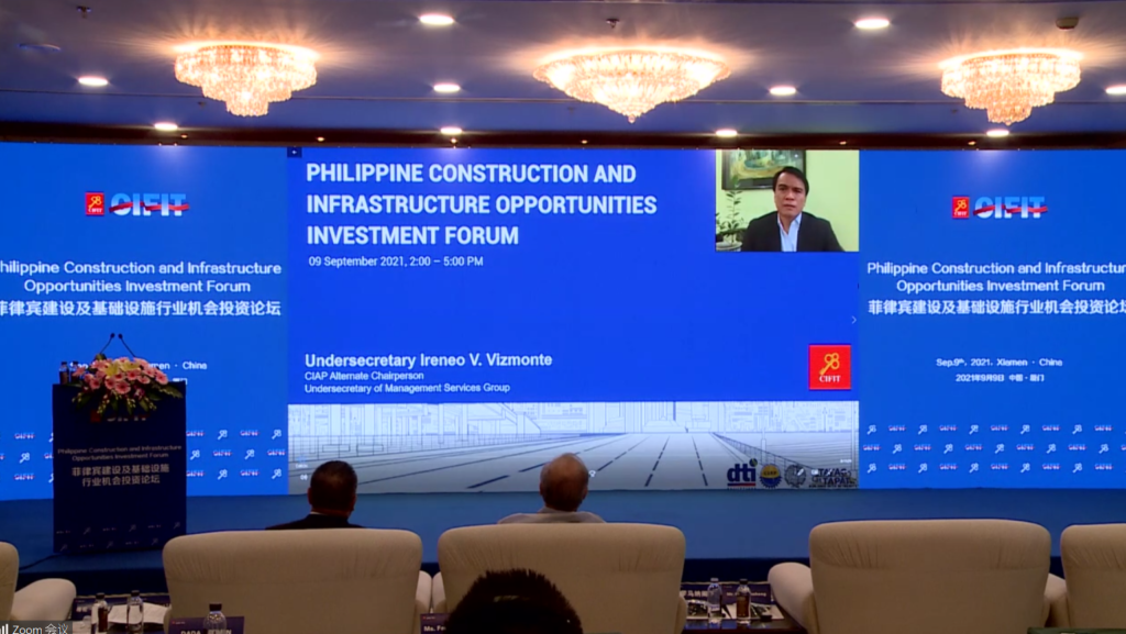 DTI Usec. Ireneo Vizmonte speaking at the Philippine Construction and Infrastructure Opportunities Investment Forum on the second day of CIFIT 2021 in Xiamen China