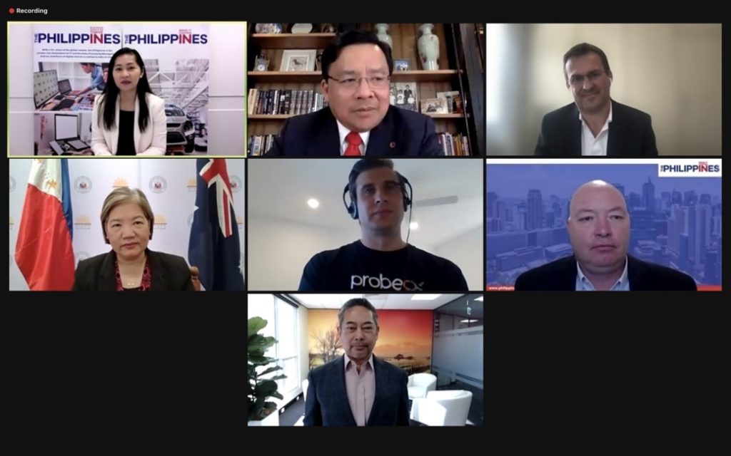 Zoom screenshot of PTIC Sydney Commercial Counsellor Alma Argayoso, Philippine Ambassador to Australia Ma Hellen De La Vega together with speakers from Australian BPOs