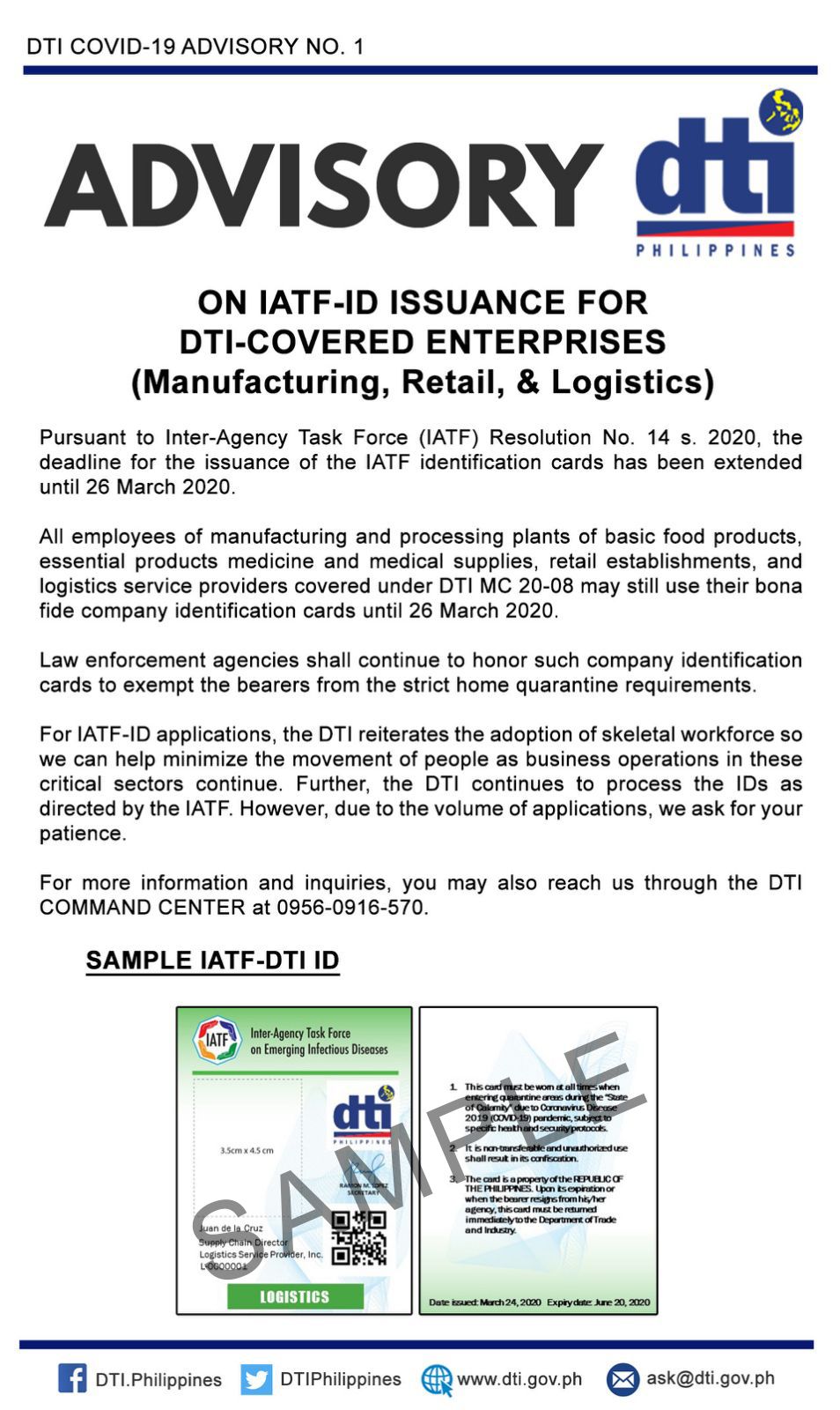 ADVISORY on IATF-ID Issuance for DTI-Covered Enterprises (Manufacturing, Retail, & Logistics)