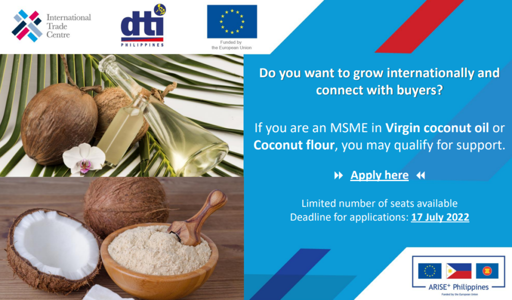 Invitation to enterprises in the Virgin Coconut Oil (VCO) and Coconut flour industries to participate in the Export Marketing and Market Linkages activities