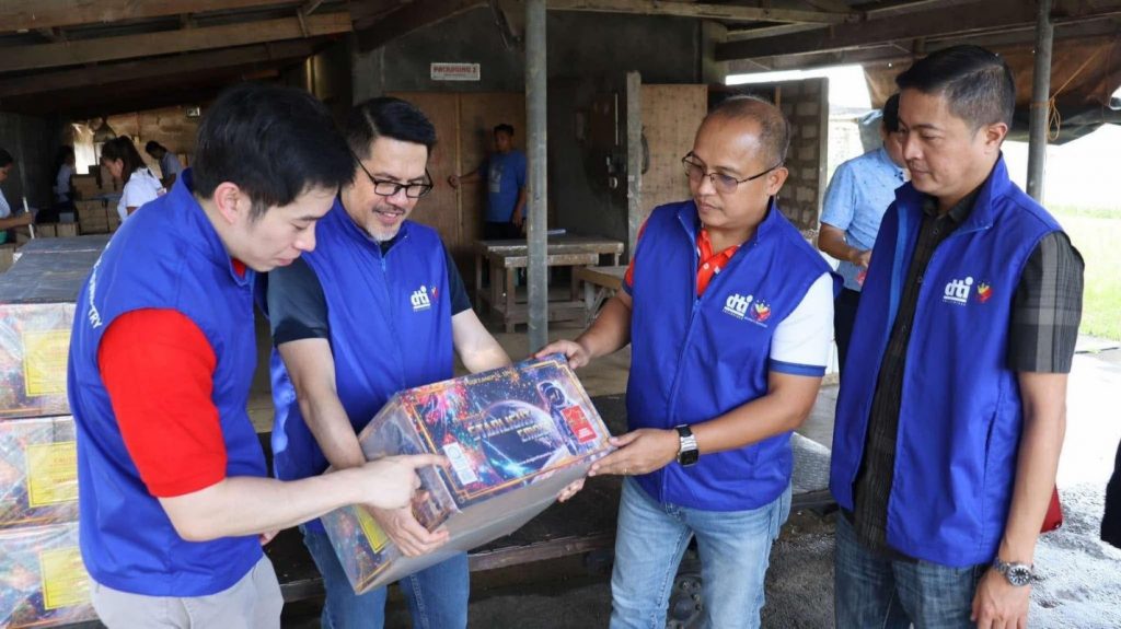 DTI Chief of Staff and Assistant Secretary Englebert Chua, DTI-Fair Trade Group Asec. Agaton Uvero, DTI-BPS Director Neil Catajay, and DTI-FTEB Director Gino Mallari during the factory visit at Leegendary Fireworks Inc. in Bulacan