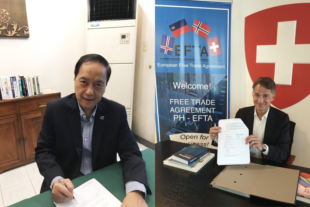 DTI-EMB Director Senen M. Perlada and Ambassador of the Swiss Confederation to the Philippines Alain Gaschen sign Memorandum of Understanding (MOU) to implement study of select PH export products entering the EFTA market.