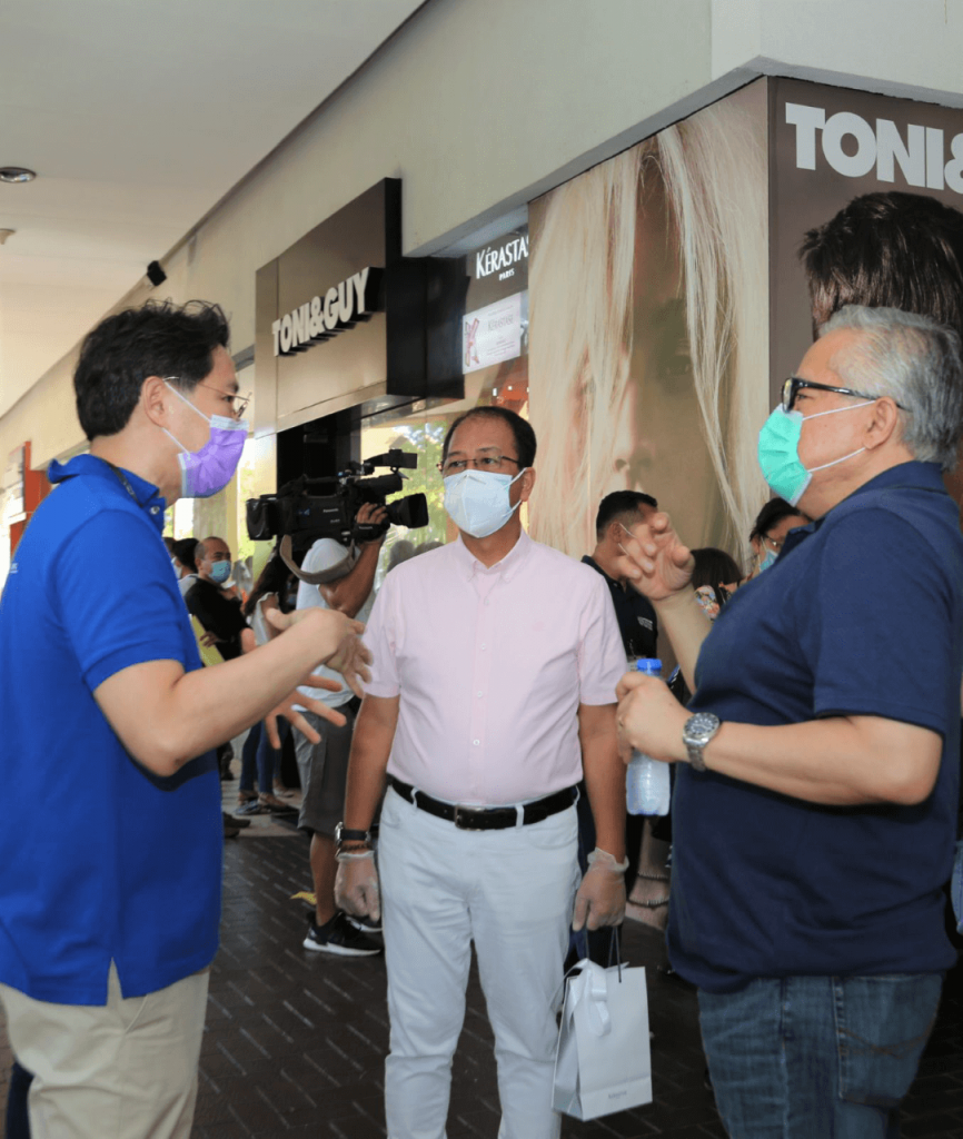 SM Supermalls President Steven Tan provides a brief background on the operation of SM malls during the Modified Enchanced Community Quarantine (MECQ) to NTF Chief Implementer Sec. Carlito Galvez and DTI Secretary Ramon Lopez