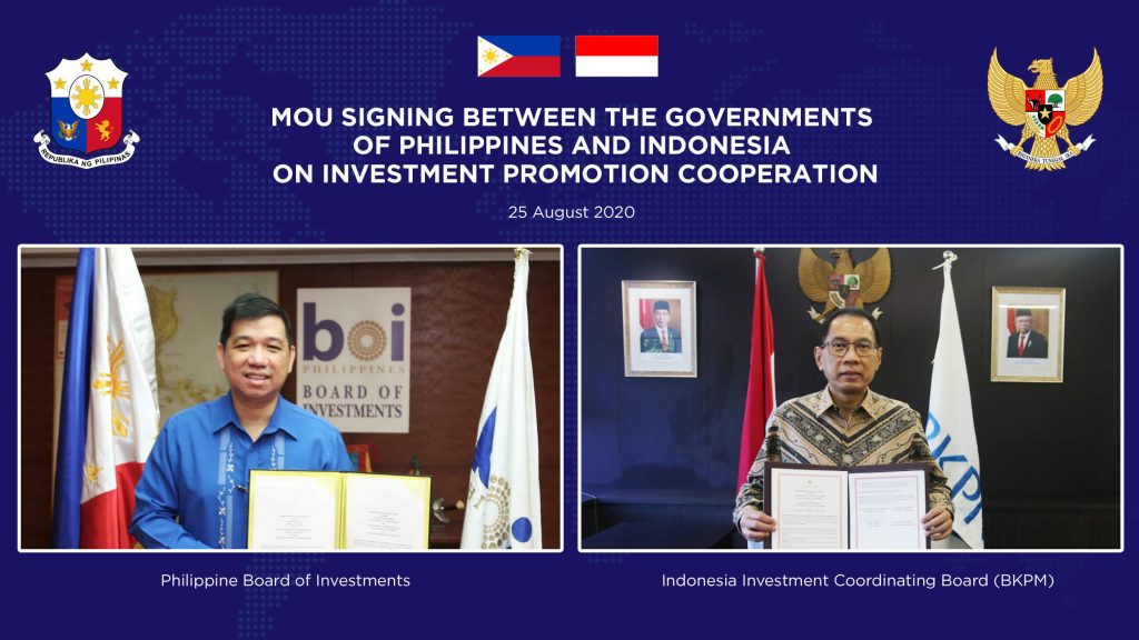 BOI-BKPM ink MOU. Trade Undersecretary and BOI Managing Head Ceferino S. Rodolfo (L) and  BKPM Deputy Chairman Ikmal Lukman (R) sign the Memorandum of Understanding (MOU) between the Philippine Board of Investments (BOI) and the Indonesia Investment Coordinating Board (BKPM) that calls for greater facilitation, collaboration, and promotion of programs and joint activities between the Philippines and Indonesia.  The MOU will allow both agencies to exchange public information on policies, regulations, and procedures on investment issues and potential investment opportunities. It will also promote and facilitate foreign direct investment from the Philippines to Indonesia and vice versa, and foster closer cooperation in organizing business meetings, joint consultations, seminars, roadshows, and business match-ups in areas of common interest.