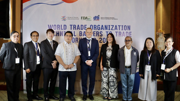 (L to R) BPS Asst. Director Ferdinand Manfoste, BPS Director Neil Catajay, IEC Regional Director Dennis Chew, FDA Director General Dr. Samuel Zacate, WTO-Trade and Environment Division Economic Affairs Officer Mr. Devin McDaniels, DTI-CPG Usec. Ruth Castelo, BITR Director Angelo Salvador Benedictos, BITR Asst. Director Marie Sherylyn Aquia, and FTEB Director Marimel Porciuncula.