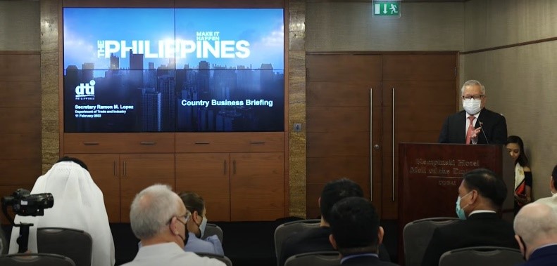 DTI Secretary Ramon Lopez presenting during the Country Business Briefing at the Expo 2020 Dubai in the United Arab Emirates