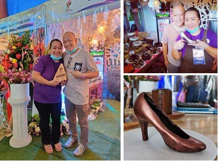 Left: Ms. Dalin and her husband with their 1st Kakaw Festival 2021 top seller trophy. Upper right: The couple with their products. Upper left: A close-up of their shoe-shaped chocolate