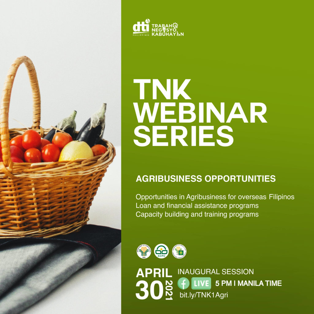 Poster for TNK Webinar Series on agribusiness opportunities for overseas Filipinos 