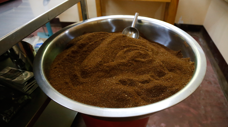 Coffee powder after grinding, ready for packing