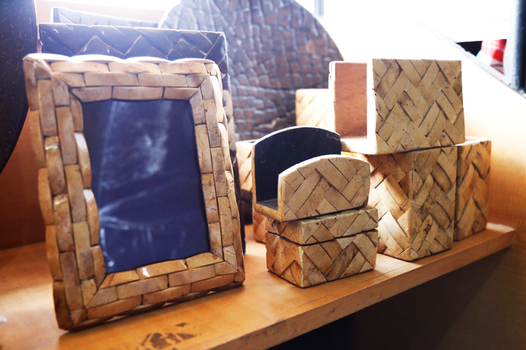 Picture frame, tissue holders, and boxes made from laminated coconut shells