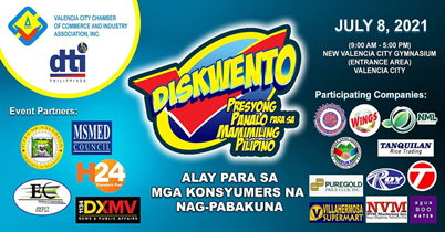 DTI Bukidnon brings Diskwento Caravan for vaccinated consumers to Valencia City Gymnasium on July 8, 2021, 9:00AM-5:00PM.