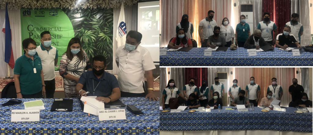 Collage photos of DTI-Region 9 RD Ceferino J. Rubio represented by Assistant RD Al-Zamir I. Lipae signing the CPA as witnessed by DTI-Zamboanga Del Sur PD Flora G. Miraflor, DTI-Zamboanga Sibugay PD Marlon A. Alabata, GRANEX Branch Manager Emily Campilan, and VP –Head of Sales and Marketing, Mr. Mamerto Bernardo. (R) Presidents and Chairpersons of Zamboanga del Sur and Zamboanga Sibugay Farmers Organizations with DTI Staff and RAPID Growth Team. 