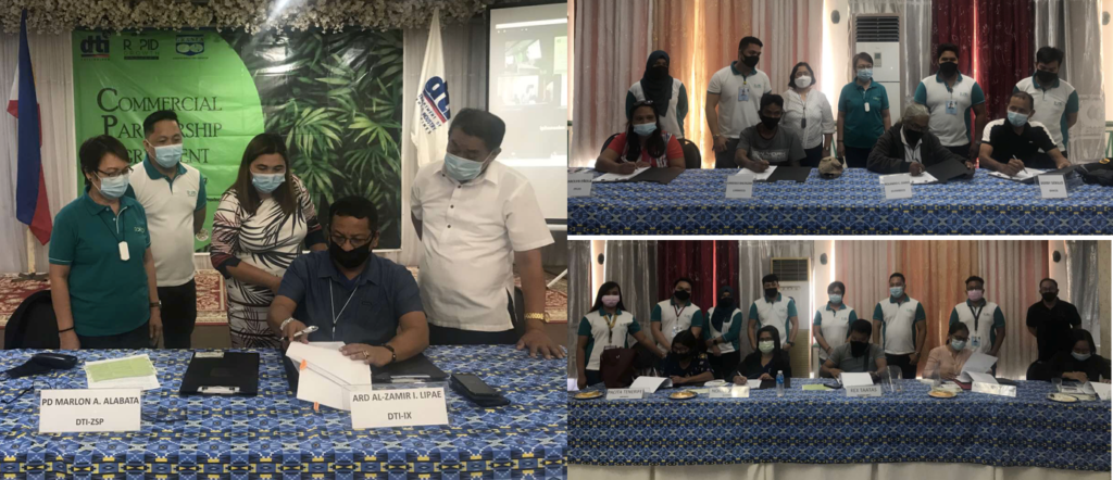 Collage photos of DTI-Region 9 RD Ceferino J. Rubio represented by Assistant RD Al-Zamir I. Lipae signing the CPA as witnessed by DTI-Zamboanga Del Sur PD Flora G. Miraflor, DTI-Zamboanga Sibugay PD Marlon A. Alabata, GRANEX Branch Manager Emily Campilan, and VP –Head of Sales and Marketing, Mr. Mamerto Bernardo. (R) Presidents and Chairpersons of Zamboanga del Sur and Zamboanga Sibugay Farmers Organizations with DTI Staff and RAPID Growth Team.