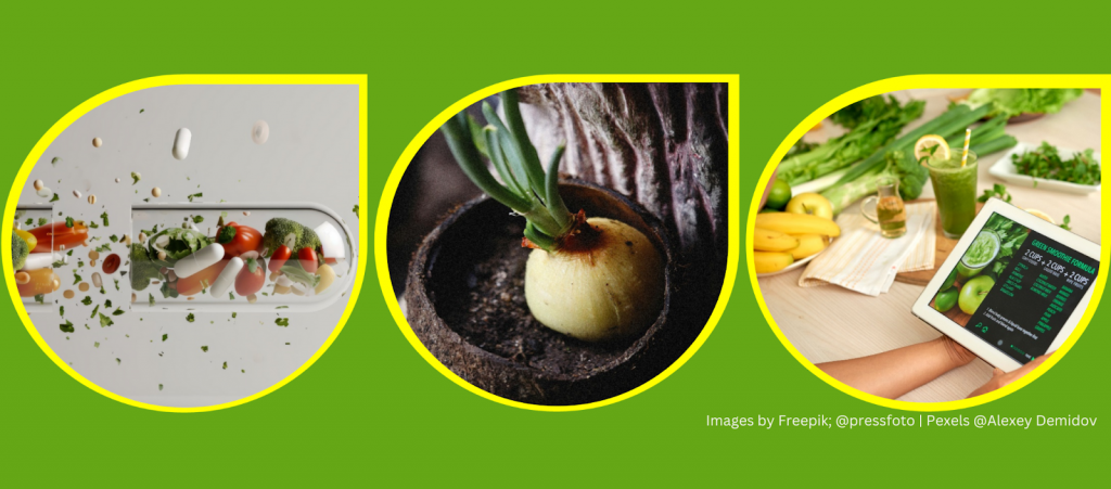 Photos of various vegetables cropped in raindrop-shaped windows over a green background. The photos are attributed to Freepik, @pressfoto, and Pexels @Alexey Demidov.